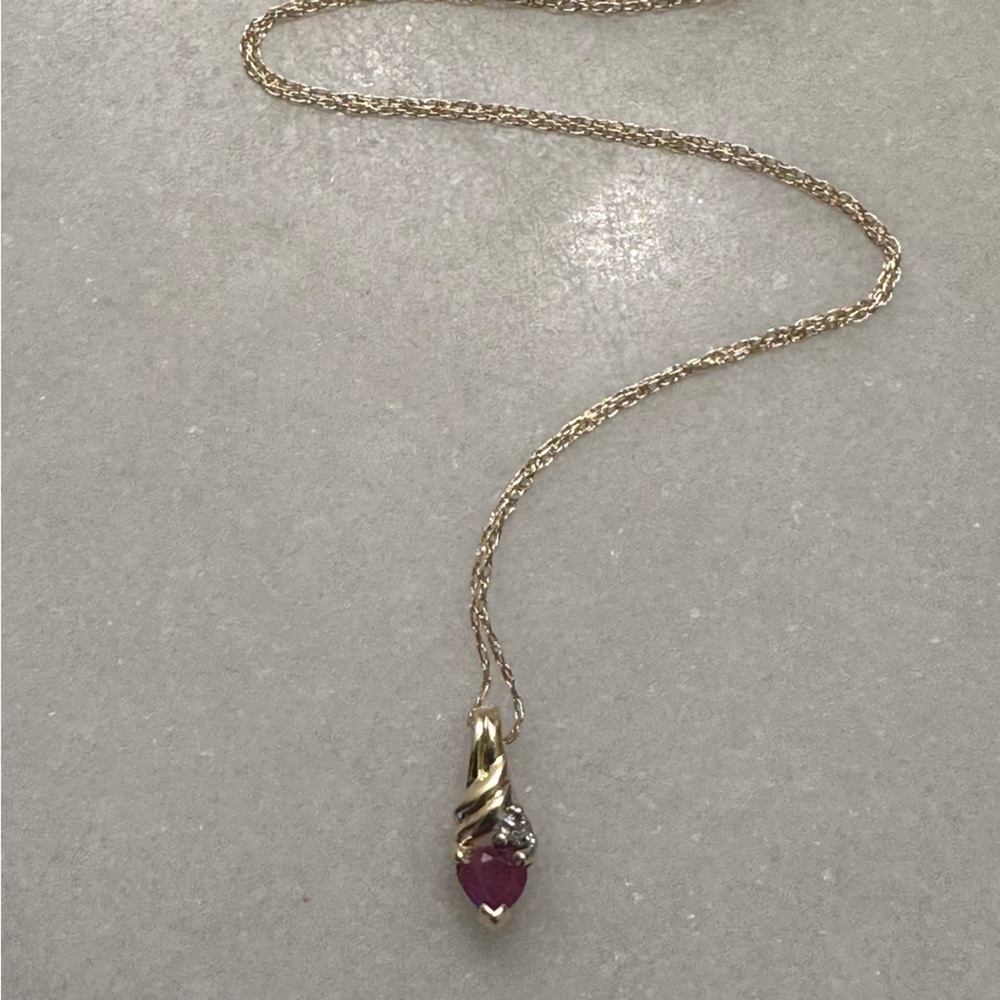10k Solid Gold Ruby & Diamond Pendant Necklace - image 3